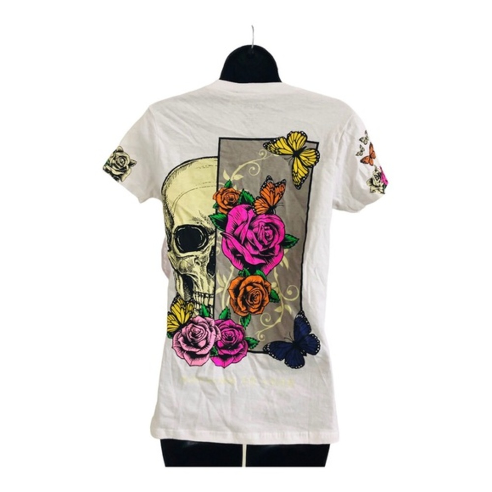 White butterfly floral skull Roses graphic print t-shirt size small brand new